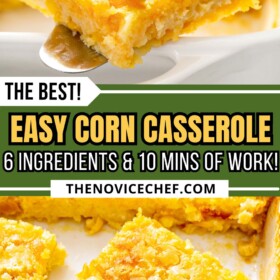 A slice of corn pudding on a spatula and corn casserole cut into servings in a baking dish.