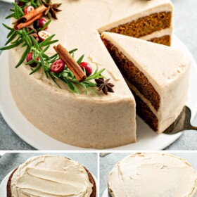 Gingerbread cake being layered together with cinnamon cream cheese frosting, sliced into pieces and served on plates.