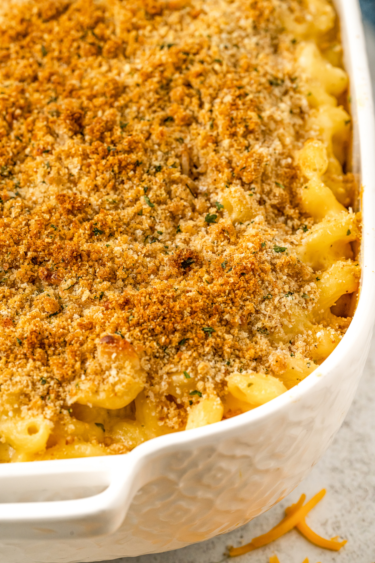 Mac and cheese casserole in the baking dish. 