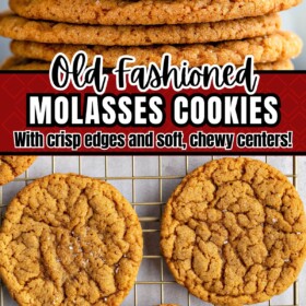 Molasses cookies on a cooling rack and stacked on top of each other.
