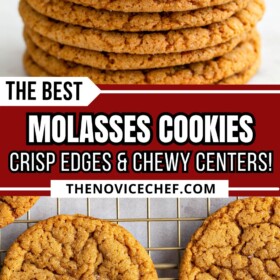 Molasses cookies on a cooling rack and stacked on top of each other.