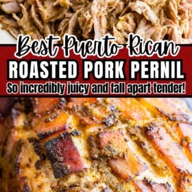 Shredded pork shoulder and a whole roasted pernil with crispy skin.