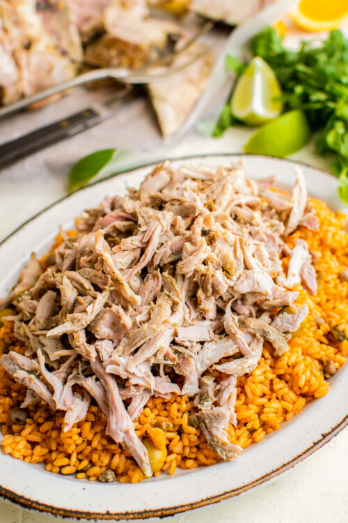 A serving of arroz con gandules y pernil on a plate.