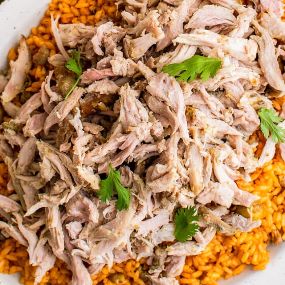 A plate of shredded pernil served over arroz con gandules.