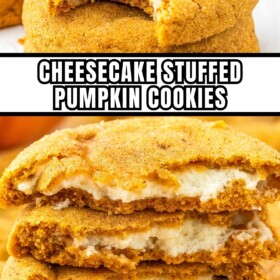 Pumpkin cheesecake cookies stacked on top of each other with a bite taken out of one cookie and a stack of cookies broken in half to show the filling.