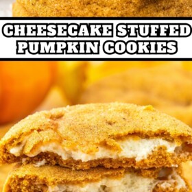 Pumpkin cheesecake cookies stacked on top of each other with a bite taken out of the top cookie.