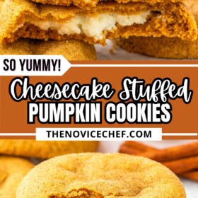 A stack of pumpkin cheesecake cookies with a bite taken out of one cookie.