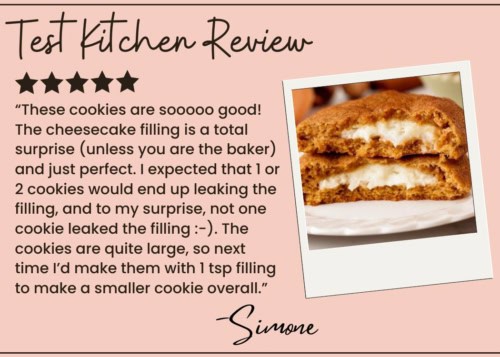 A review card features a photo of two pumpkin cheesecake cookies with visible cheesecake filling and a five-star rating. The handwritten review praises the cookies’ taste and notes the filling didn’t leak. The review is signed “Simone.”