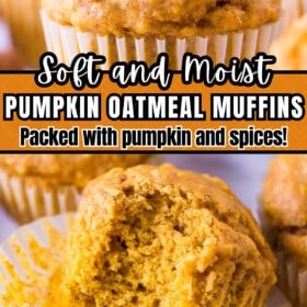 Pumpkin oatmeal muffin and a muffin with a bite taken out of it.