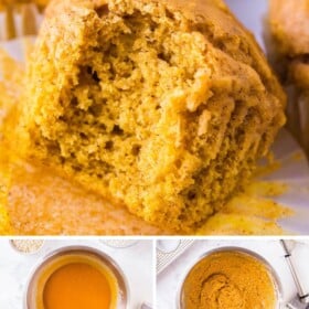 Pumpkin muffin batter in a bowl, in muffin tin, and baked muffin with a bite taken out of it.