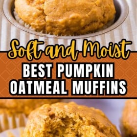 Pumpkin oat muffin in a muffin tin and a bite taken out of the muffin.