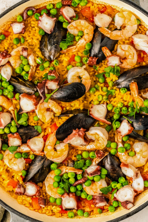 Cooked Spanish seafood rice in the pan. 