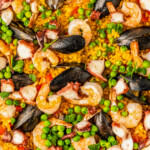 Landscape photo of seafood paella.