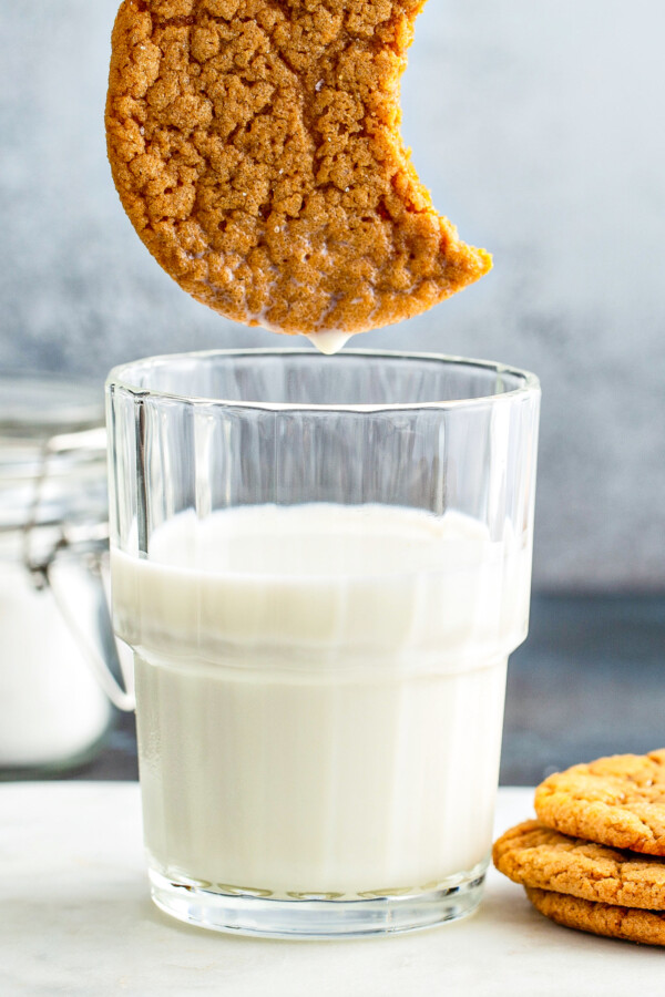 A molasses cookie with a bite taken out of it being dunked into a glass of milk.