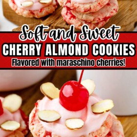 Cherry Almond Sugar Cookies stacked on top of each other.