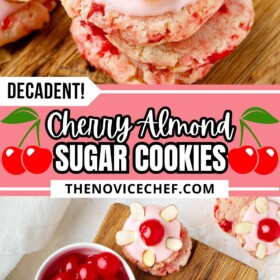 Cherry Almond Cookies with pink icing and sliced almonds surrounding a maraschino cherry in the center.