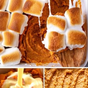 Sweet potato casserole with marshmallows on top being prepared in a casserole dish and a serving spoon scooping out a serving showing the melted marshmallows on top.