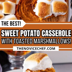 Sweet potato casserole with marshmallows on top in a baking dish and a serving on a plate with a fork taking a bite.