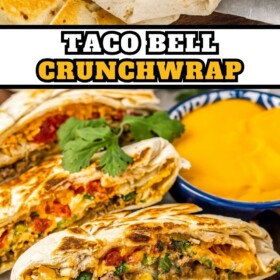 Taco Bell Crunchwrap Supremes on a cutting board and sliced in half to see the inside.