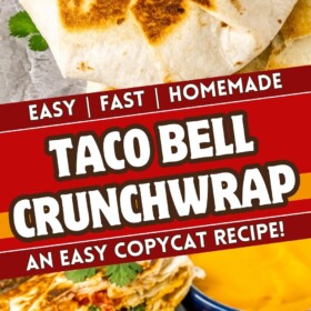 Crunchwrap supreme on a cutting board and sliced in half to see the inside.