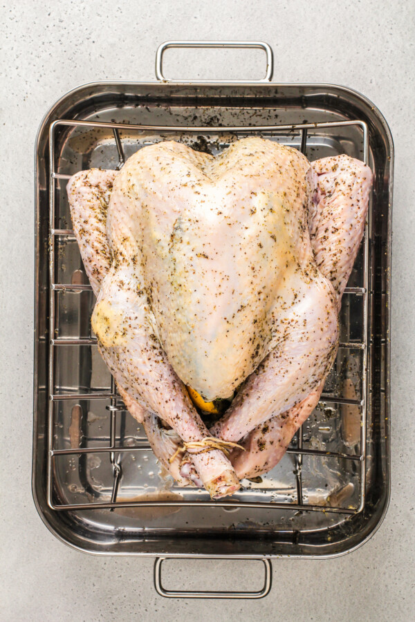 A raw bird in a roasting pan coated in seasonings and oil with squares of butter under the skin.