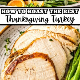 A whole thanksgiving turkey on a serving platter and sliced turkey on a plate with green beans and cranberry sauce.