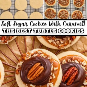 Sugar cookies on a rack, sugar cookies topped with caramel and pecans and then finished turtle cookies on a cooling rack.
