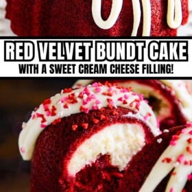 Cream cheese icing being drizzled on top of a red velvet bundt cake and a slice of cake being lifted with a serving spatula.
