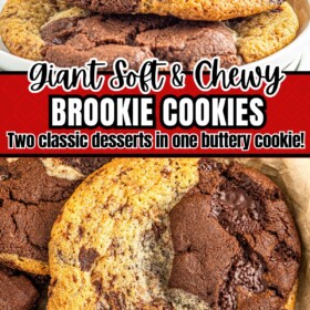 Brookies cookies stacked on top of each other and an up close image of the chocolate chunks in the cookies.