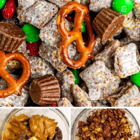 A bowl of peanut butter, butter, chocolate chips, melted together in a bowl with Chex cereal, and a bag of powdered sugar being shaked on the cereal and a bowl of christmas puppy chow.