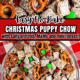 A bowl of Christmas puppy chow with red and green M&Ms, pretzels and Reese's mini peanut butter cups.