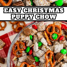 A bowl of christmas puppy chow with red and green M&Ms, pretzels and Reese's candies.