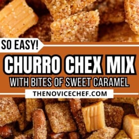 Churro Chex mix coated in cinnamon sugar with caramel squares and pretzels.