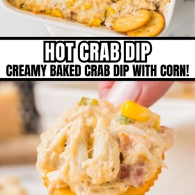 Hot crab dip with cheese baked in a casserole dish with a cracker scooping up a bite.