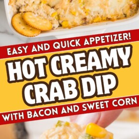 Warm crab dip baked in a casserole dish with cheese on top with a ritz cracker scooping out a bite.