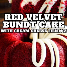 Red velvet bundt cake with cream cheese drizzled on top and a slice of bundt cake with a cake server lifting a slice.