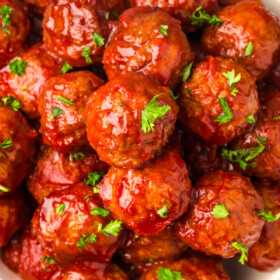 Overhead photo of meatballs in bbq sauce.