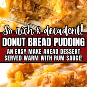Donut bread pudding on a plate with rum sauce drizzled on top.