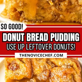 Rum sauce drizzled over the top of freshly baked bread pudding made with donuts.