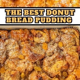 Donut bread pudding in a baking dish with rum sauce drizzled on top.