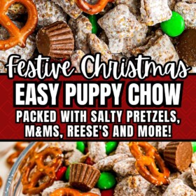 A bowl of christmas puppy chow with pretzels and red and green m&ms.