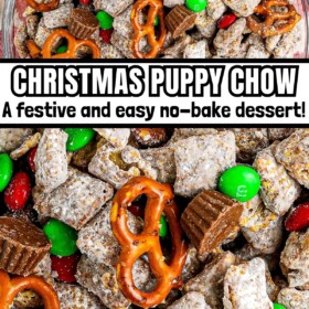 Christmas puppy chow in a bowl with pretzels and red and green m&ms.