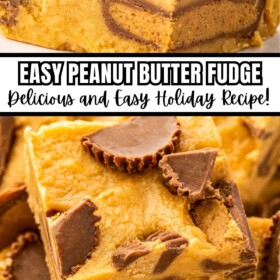 Easy peanut butter fudge with Reese's cups cut into squares and stacked on top of each other.