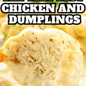A pot of chicken and dumplings and a dumpling in a bowl of soup with a spoon taking a bite.