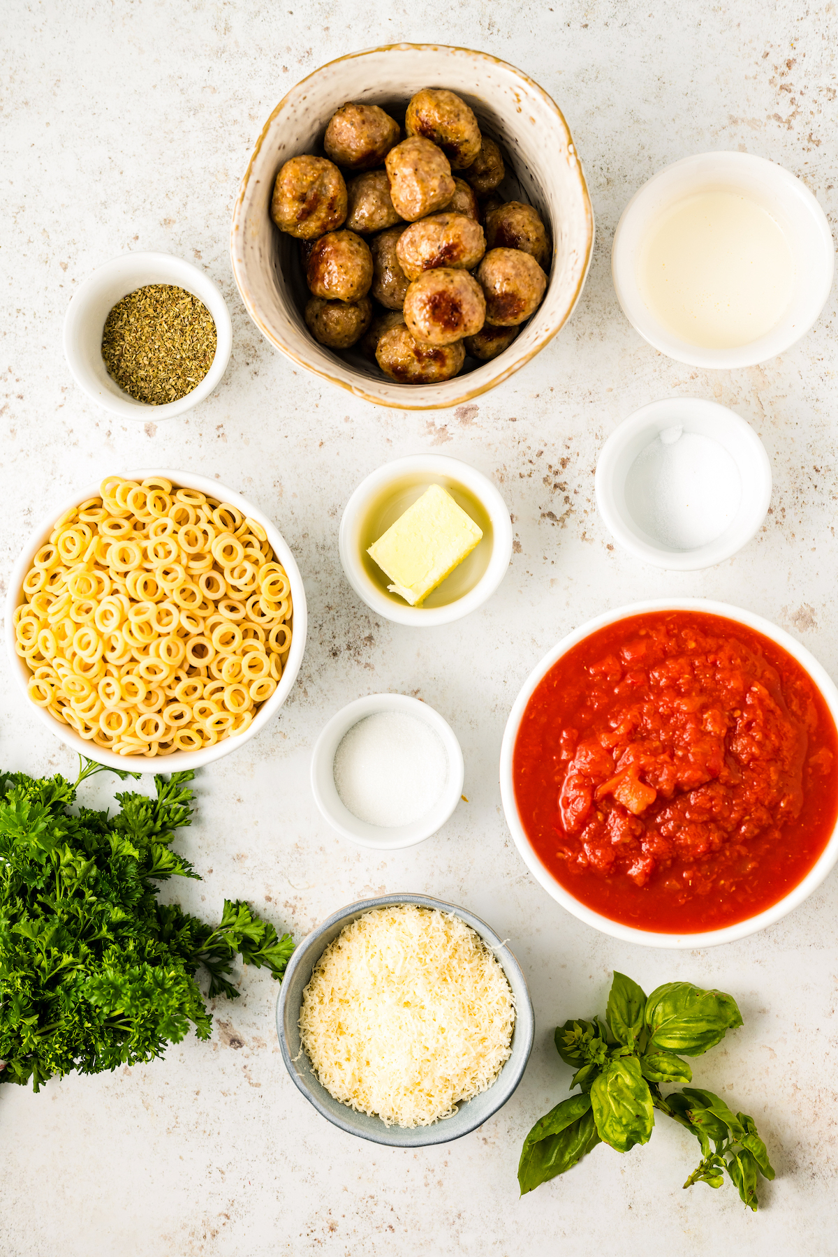 Ingredients for homemade spaghettiOs with meatballs.