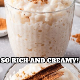 Creamy rice pudding in a glass jar with cinnamon sprinkled on top.
