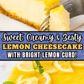 A whole lemon cheesecake topped with lemon curd and sliced lemons and a slice of cheesecake on a plate with a fork cutting a bite.