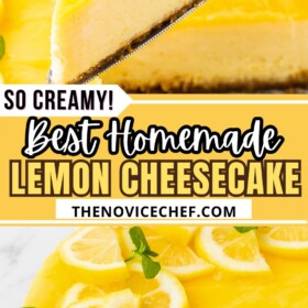 A whole lemon cheesecake topped with lemon curd and sliced lemons and a pie cutter lifting a slice of cheesecake.