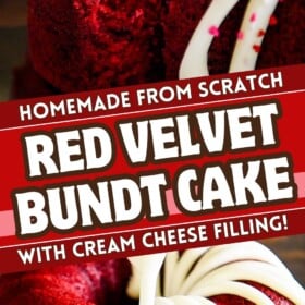 Red velvet cream cheese bundt cake being lifted with a cake server and a drizzle of cream cheese icing on top of the cake.