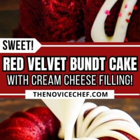 Red velvet bundt cake filled with cream cheese filling and drizzled with a cream cheese frosting on top.